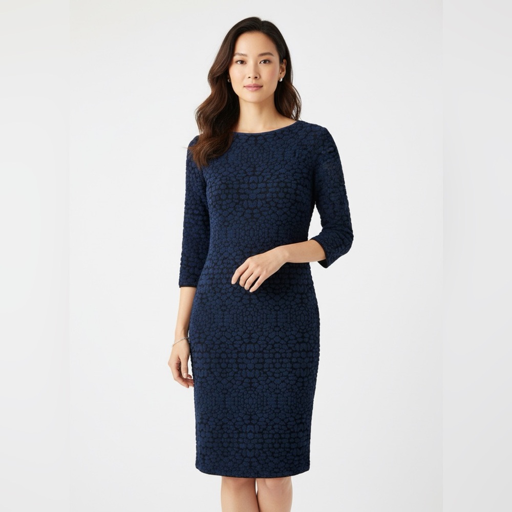 ARMANI Collezioni Midnight Blue Textured Midi Dress 3/4 sleeve luxury designer 8